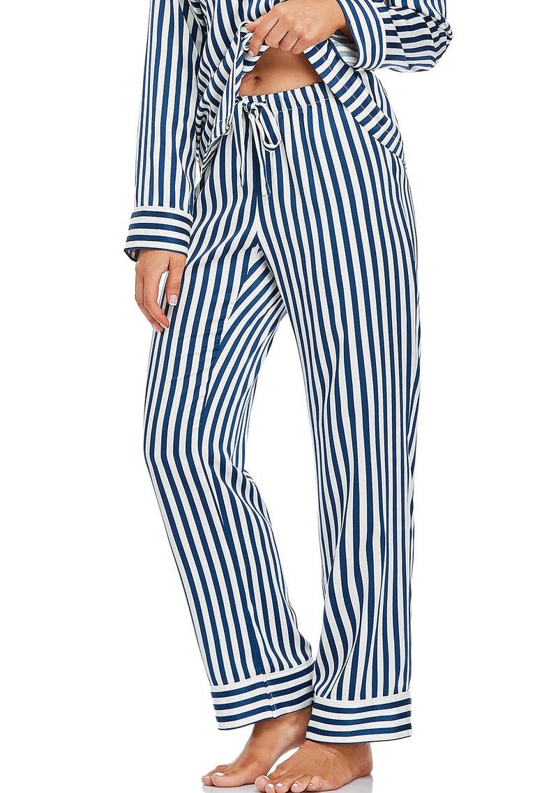 Serenedelicacy Women's Satin Pajama Set Long Sleeve Button Down Sleepwear 2-Piece Silky Pj Set (Medium, Navy/Ivory, Stripe) - Image 5